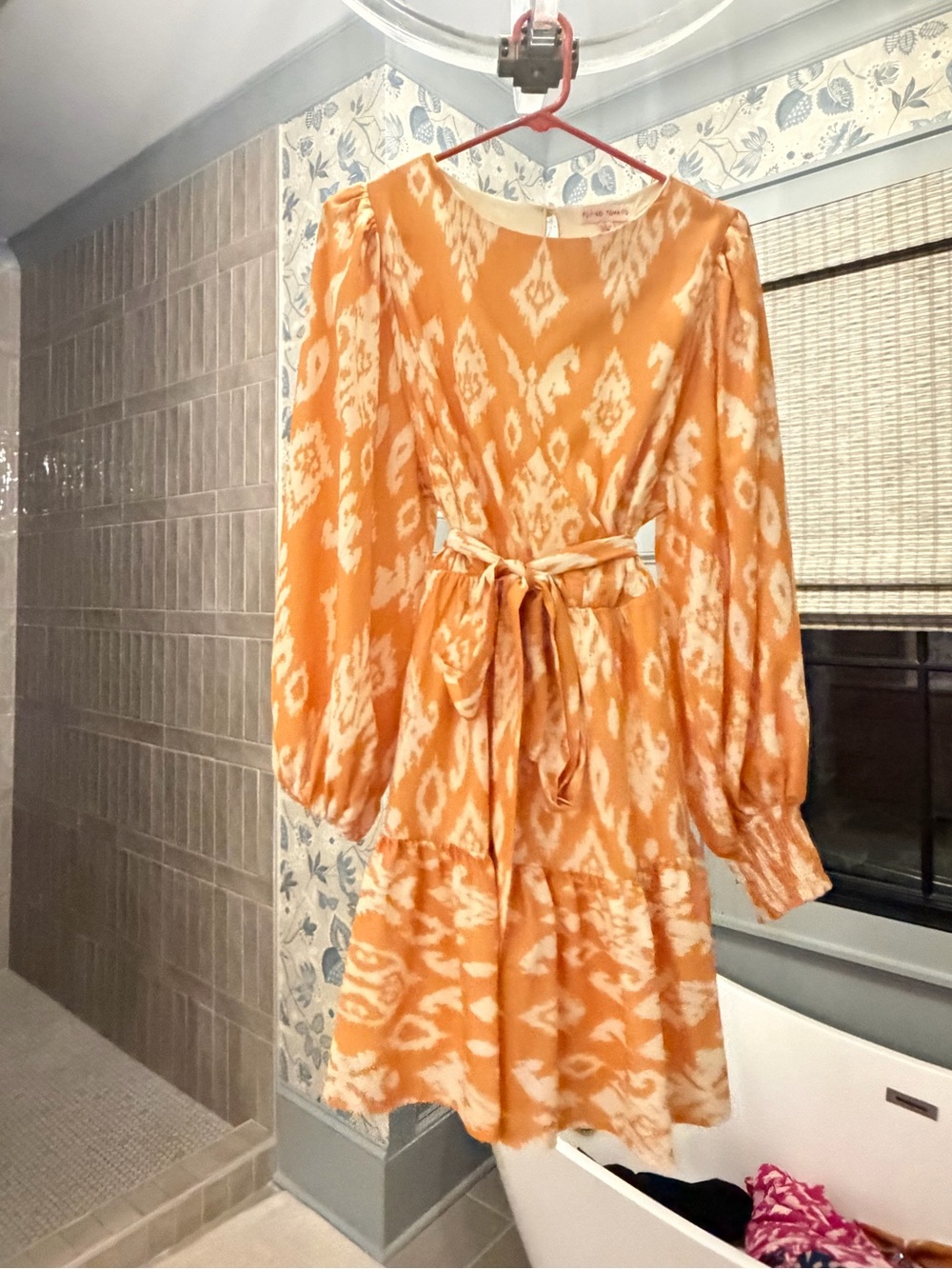 Womens yellow gold Ikat Tie-Waist Long-Sleeve Dress